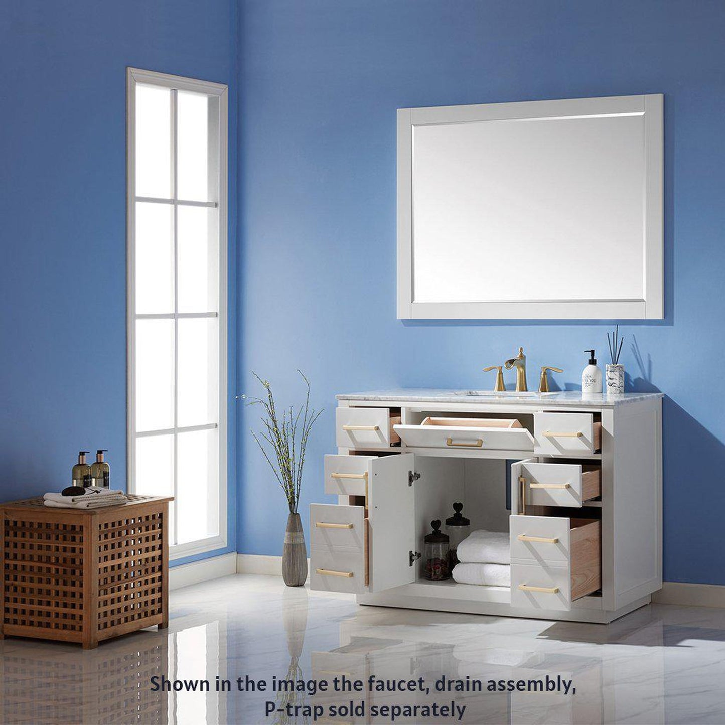 Altair Ivy 48" Single White Freestanding Bathroom Vanity Set With Mirror, Natural Carrara White Marble Top, Rectangular Undermount Ceramic Sink, and Overflow