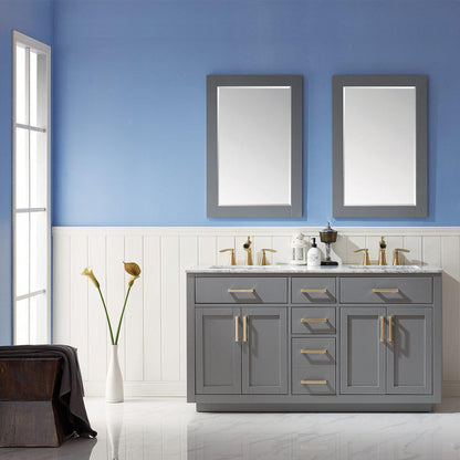 Altair Ivy 60" Double Gray Freestanding Bathroom Vanity Set With Mirror, Natural Carrara White Marble Top, Two Rectangular Undermount Ceramic Sinks, and Overflow