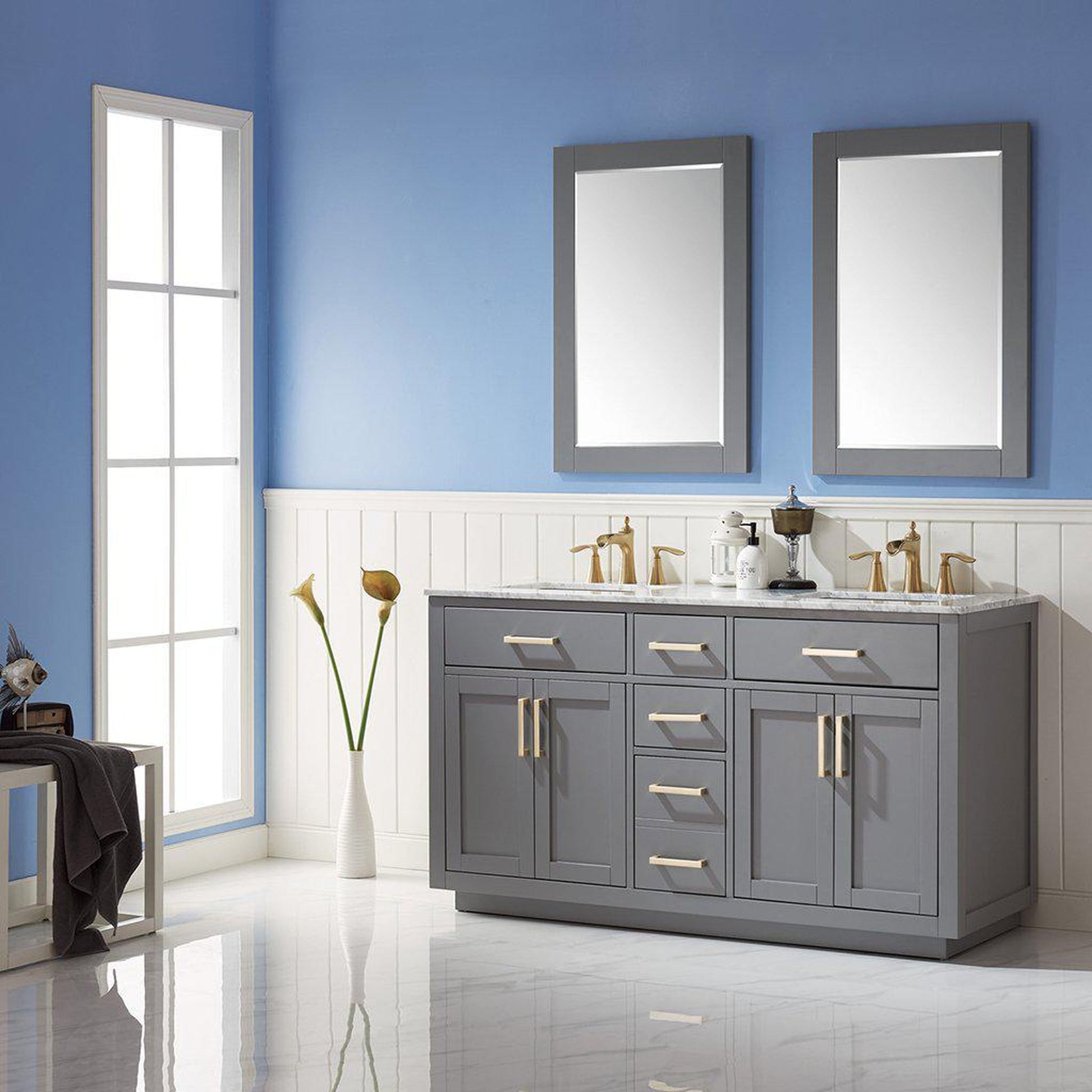 Altair Ivy 60" Double Gray Freestanding Bathroom Vanity Set With Mirror, Natural Carrara White Marble Top, Two Rectangular Undermount Ceramic Sinks, and Overflow