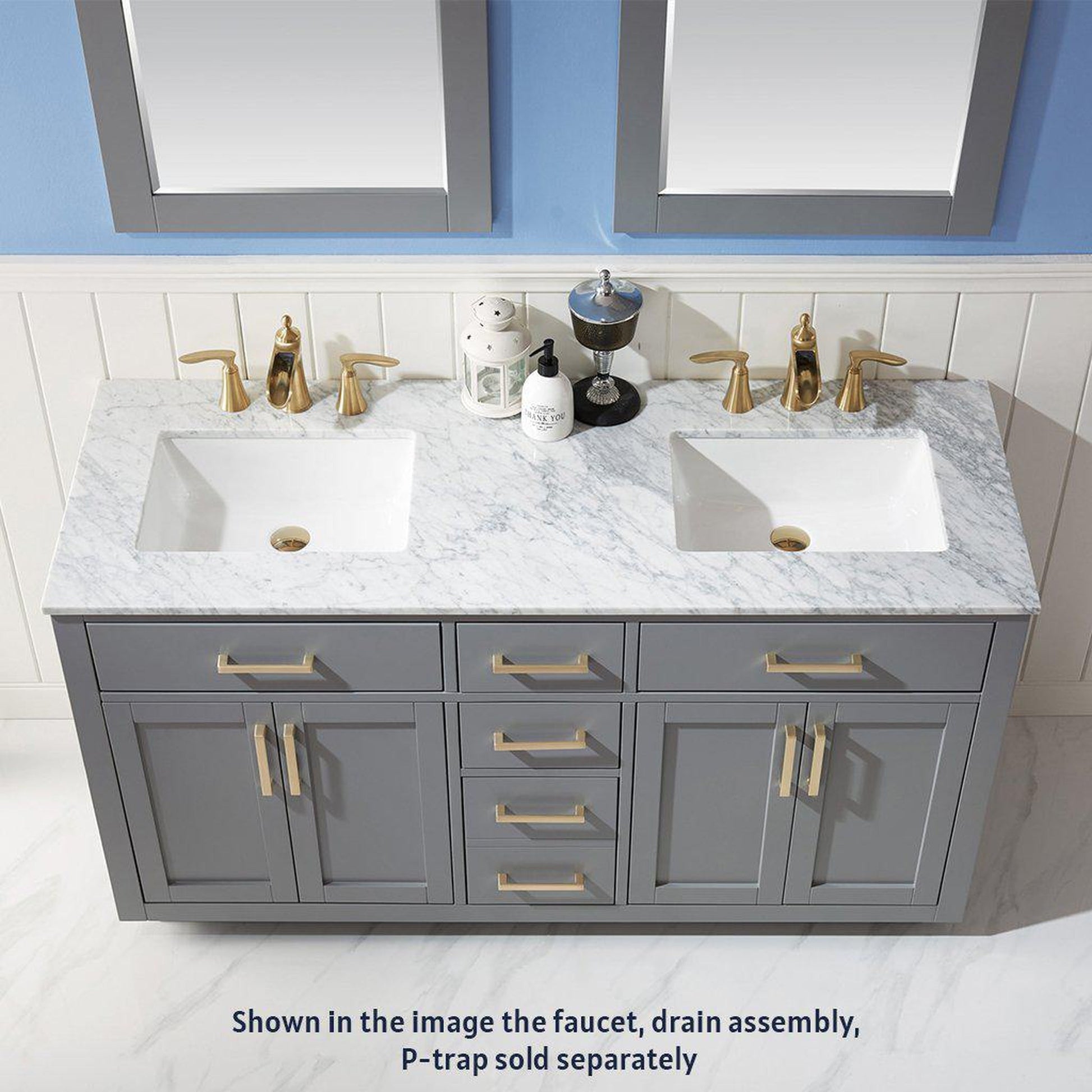 Altair Ivy 60" Double Gray Freestanding Bathroom Vanity Set With Mirror, Natural Carrara White Marble Top, Two Rectangular Undermount Ceramic Sinks, and Overflow