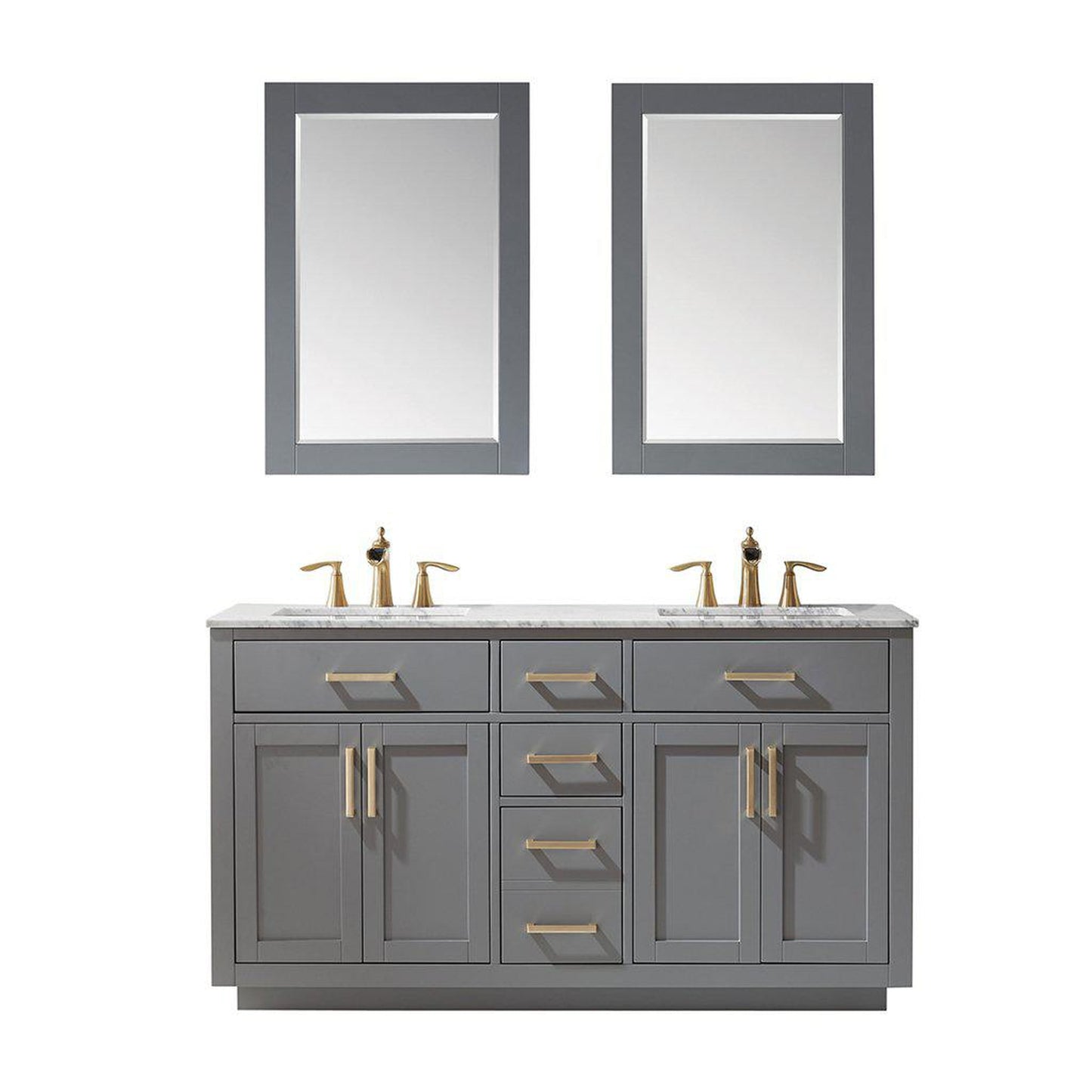 Altair Ivy 60" Double Gray Freestanding Bathroom Vanity Set With Mirror, Natural Carrara White Marble Top, Two Rectangular Undermount Ceramic Sinks, and Overflow