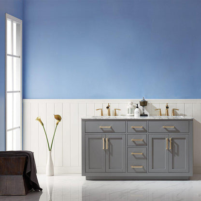 Altair Ivy 60" Double Gray Freestanding Bathroom Vanity Set With Natural Carrara White Marble Top, Two Rectangular Undermount Ceramic Sinks, and Overflow
