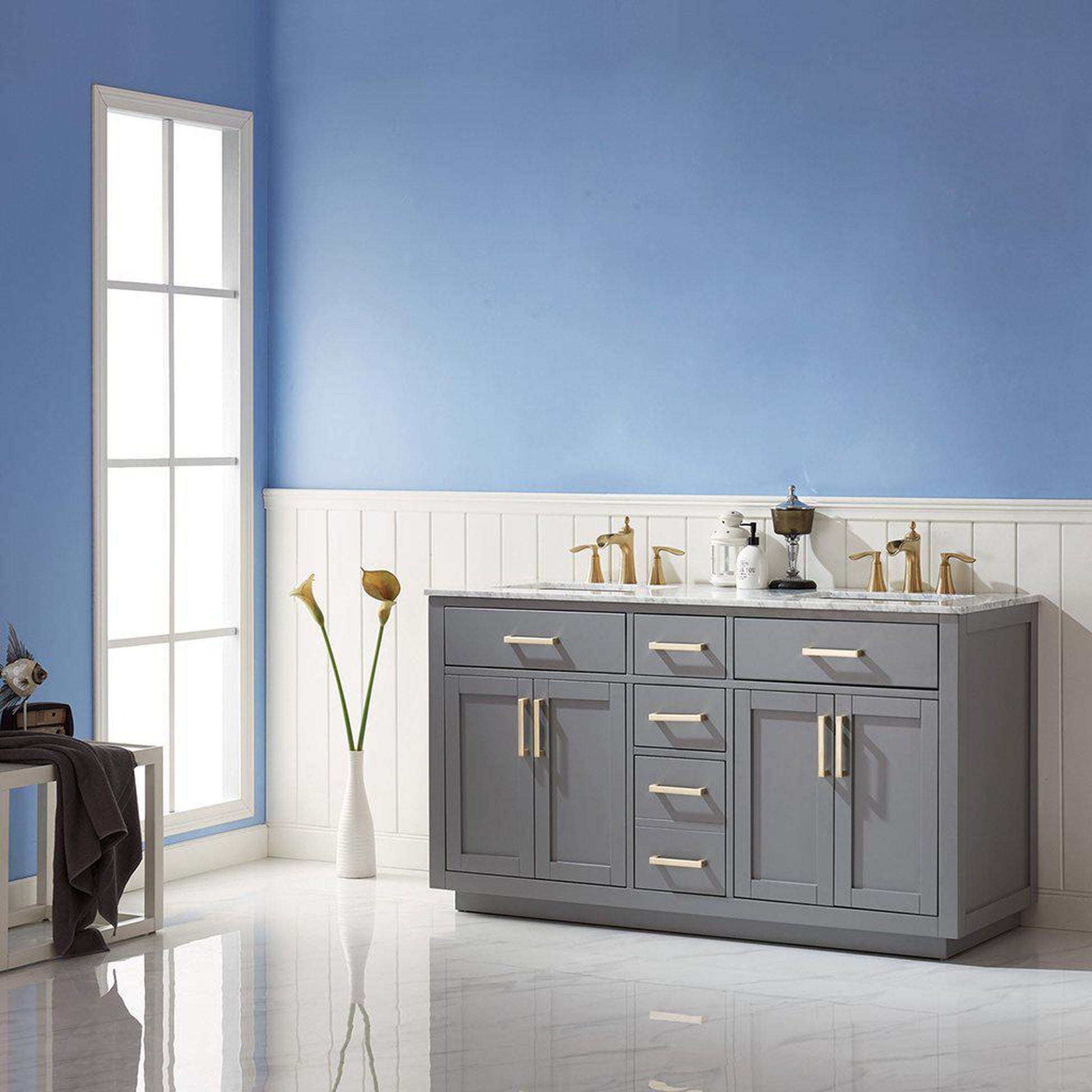 Altair Ivy 60" Double Gray Freestanding Bathroom Vanity Set With Natural Carrara White Marble Top, Two Rectangular Undermount Ceramic Sinks, and Overflow