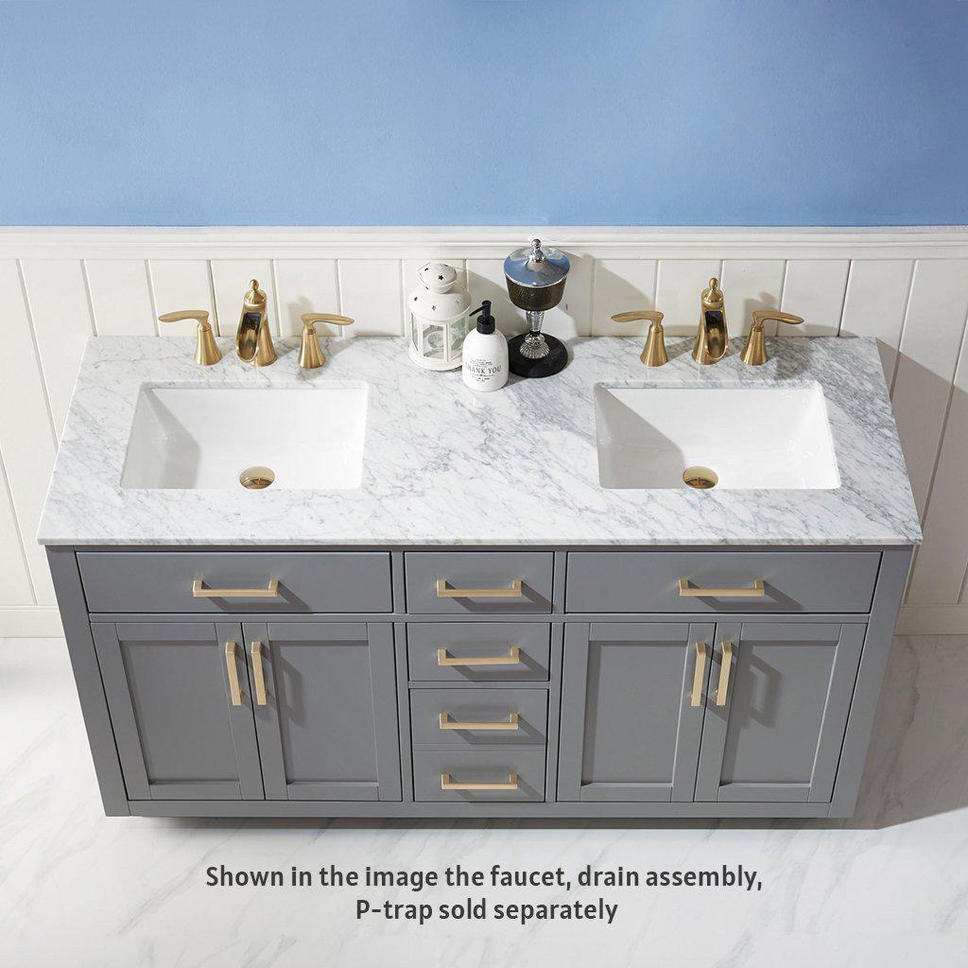 Altair Ivy 60" Double Gray Freestanding Bathroom Vanity Set With Natural Carrara White Marble Top, Two Rectangular Undermount Ceramic Sinks, and Overflow