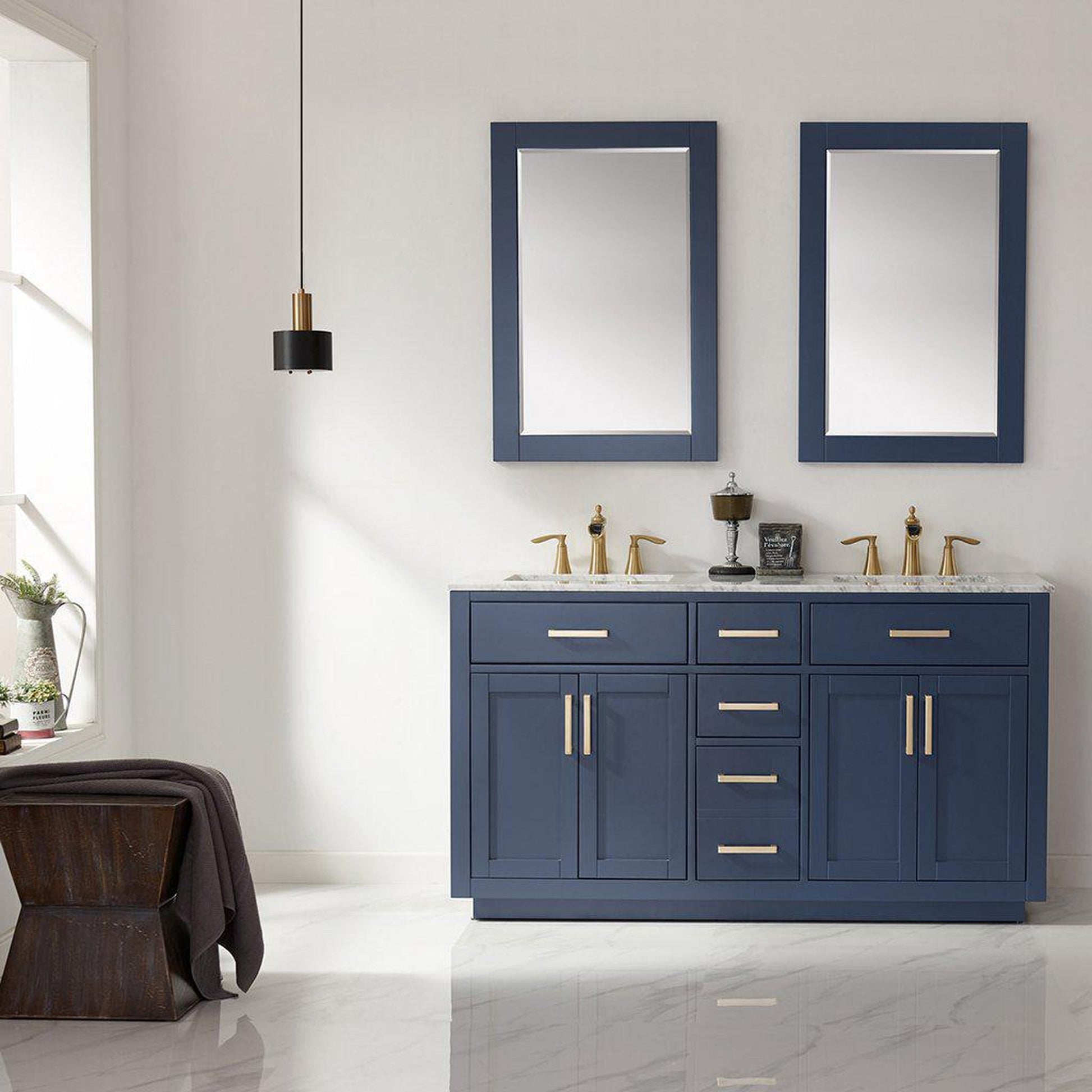 Altair Ivy 60" Double Royal Blue Freestanding Bathroom Vanity Set With Mirror, Natural Carrara White Marble Top, Two Rectangular Undermount Ceramic Sinks, and Overflow
