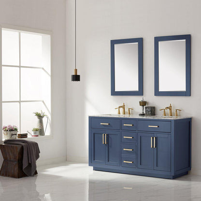 Altair Ivy 60" Double Royal Blue Freestanding Bathroom Vanity Set With Mirror, Natural Carrara White Marble Top, Two Rectangular Undermount Ceramic Sinks, and Overflow