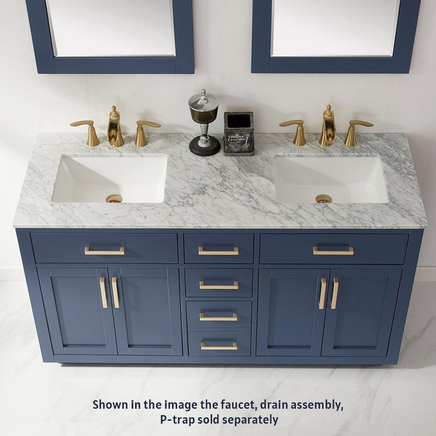 Altair Ivy 60" Double Royal Blue Freestanding Bathroom Vanity Set With Mirror, Natural Carrara White Marble Top, Two Rectangular Undermount Ceramic Sinks, and Overflow