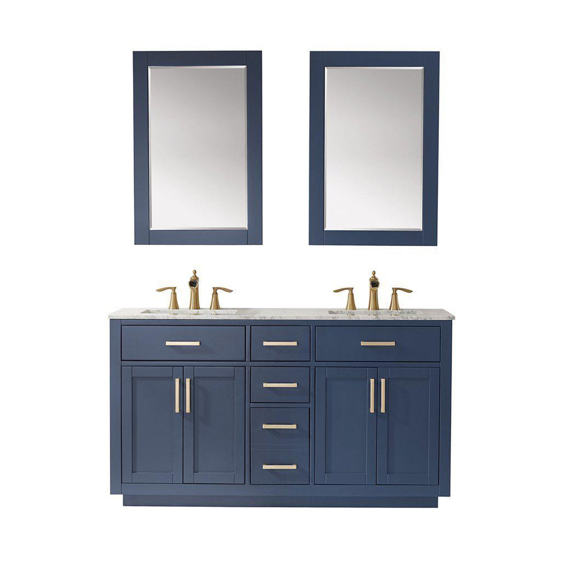 Altair Ivy 60" Double Royal Blue Freestanding Bathroom Vanity Set With Mirror, Natural Carrara White Marble Top, Two Rectangular Undermount Ceramic Sinks, and Overflow