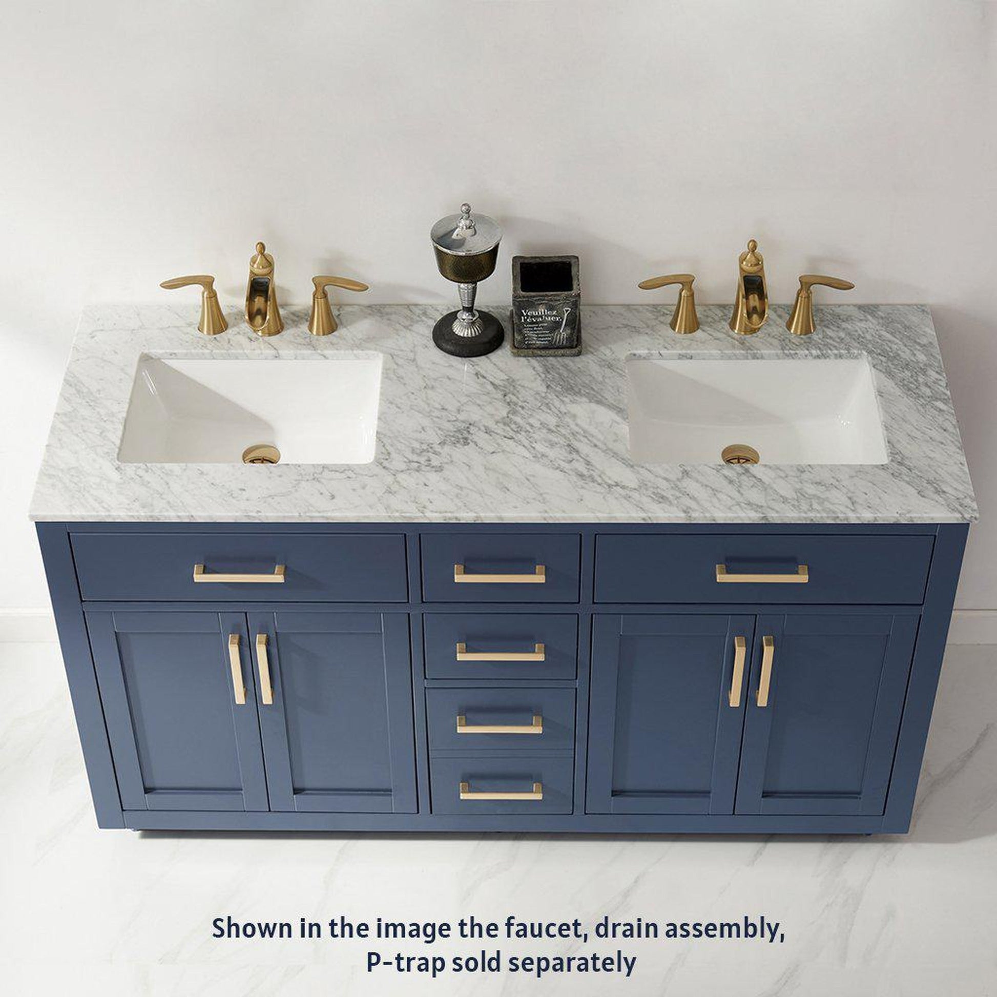 Altair Ivy 60" Double Royal Blue Freestanding Bathroom Vanity Set With Natural Carrara White Marble Top, Two Rectangular Undermount Ceramic Sinks, and Overflow