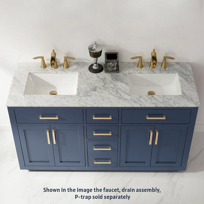 Altair Ivy 60" Double Royal Blue Freestanding Bathroom Vanity Set With Natural Carrara White Marble Top, Two Rectangular Undermount Ceramic Sinks, and Overflow