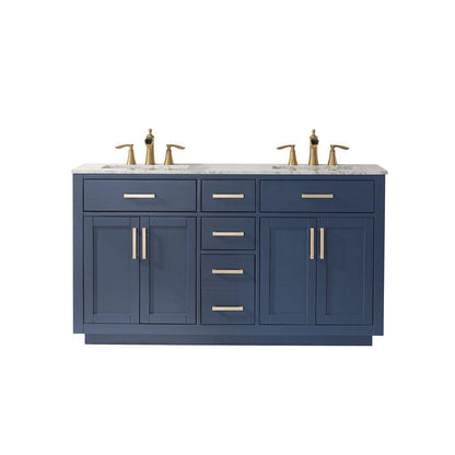 Altair Ivy 60" Double Royal Blue Freestanding Bathroom Vanity Set With Natural Carrara White Marble Top, Two Rectangular Undermount Ceramic Sinks, and Overflow