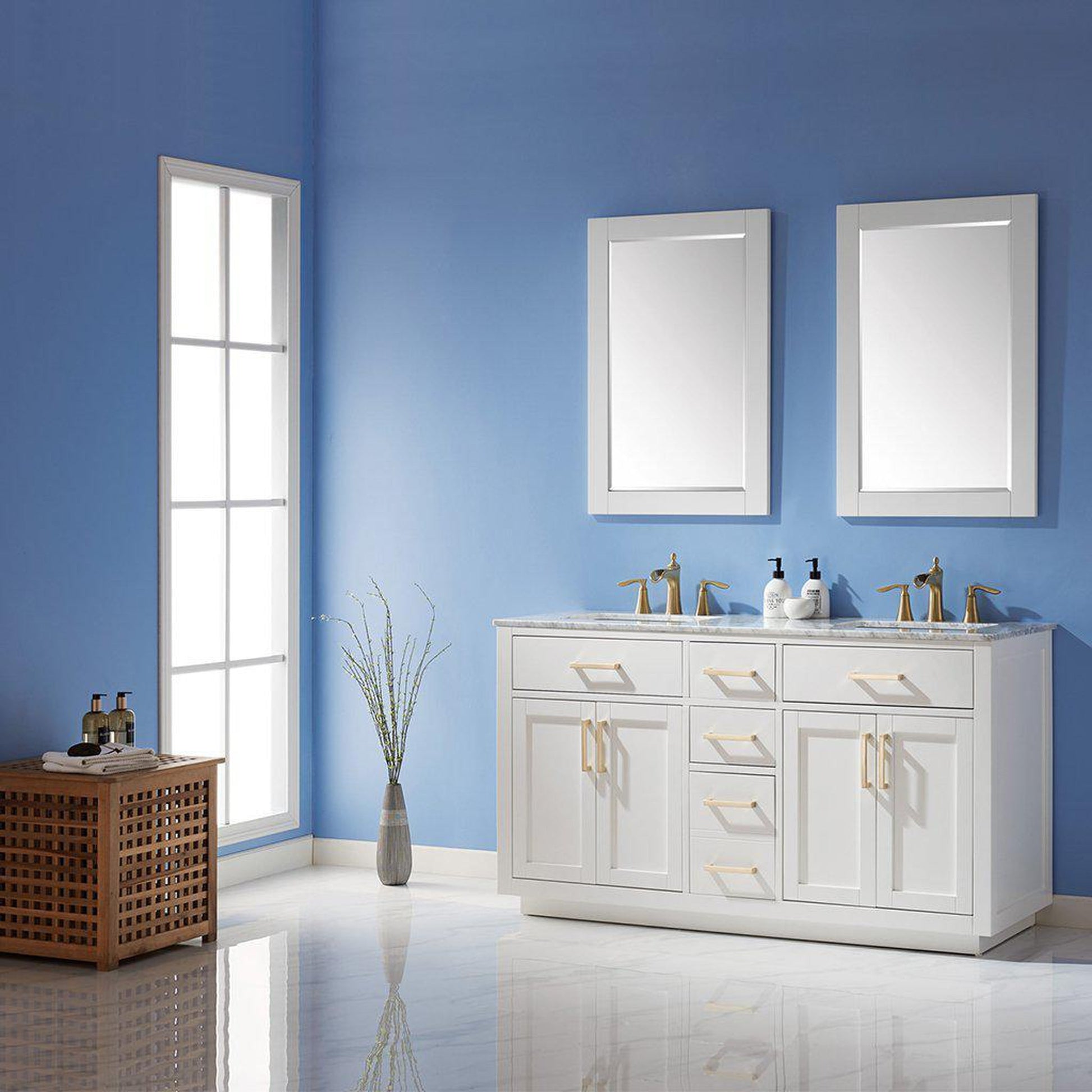Altair Ivy 60" Double White Freestanding Bathroom Vanity Set With Mirror, Natural Carrara White Marble Top, Two Rectangular Undermount Ceramic Sinks, and Overflow
