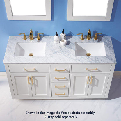 Altair Ivy 60" Double White Freestanding Bathroom Vanity Set With Mirror, Natural Carrara White Marble Top, Two Rectangular Undermount Ceramic Sinks, and Overflow