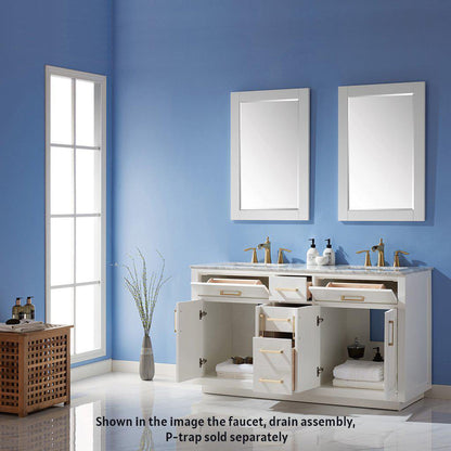 Altair Ivy 60" Double White Freestanding Bathroom Vanity Set With Mirror, Natural Carrara White Marble Top, Two Rectangular Undermount Ceramic Sinks, and Overflow