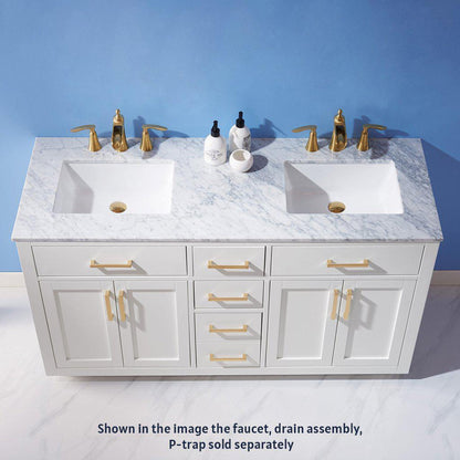 Altair Ivy 60" Double White Freestanding Bathroom Vanity Set With Natural Carrara White Marble Top, Two Rectangular Undermount Ceramic Sinks, and Overflow