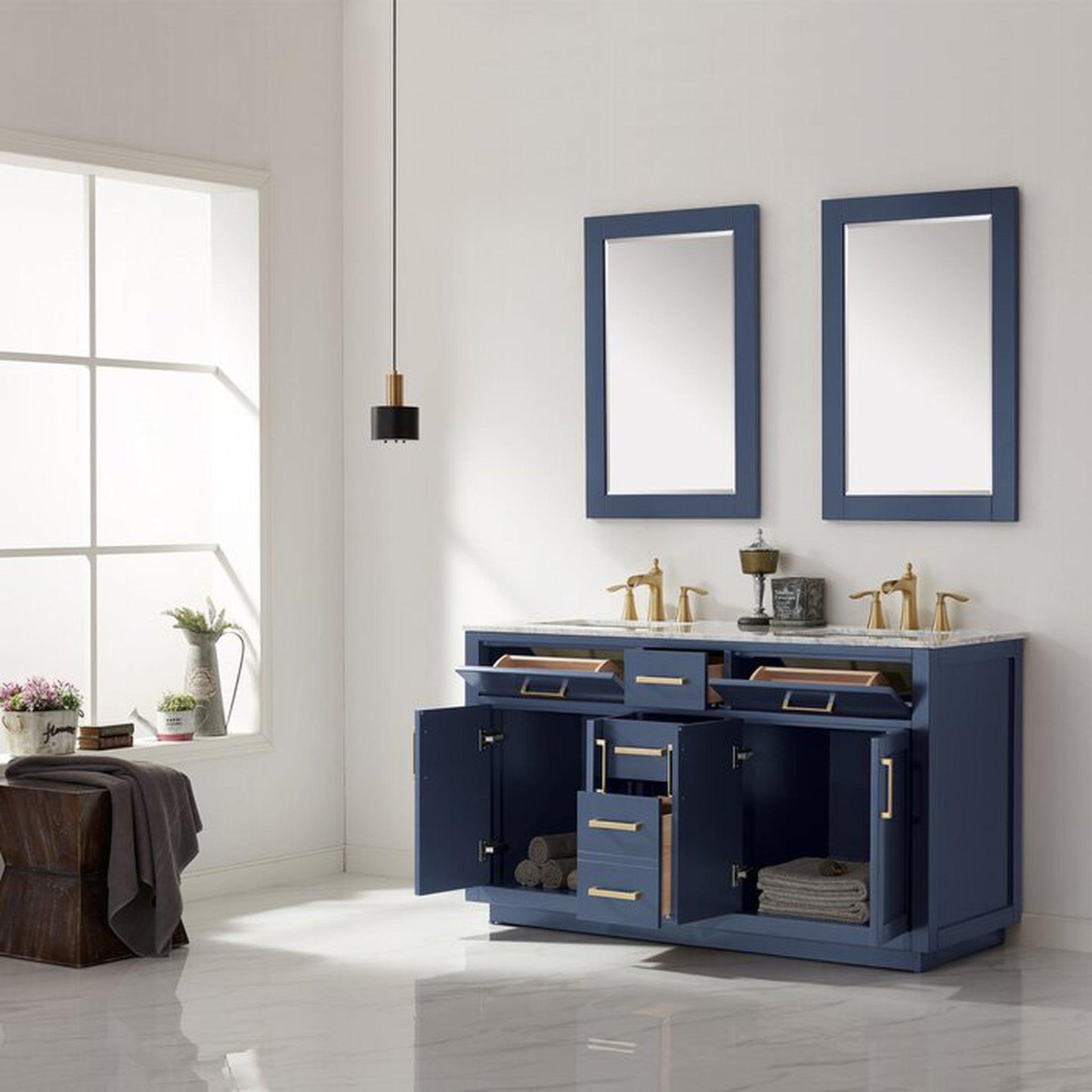 Altair Ivy 60" Royal Blue Freestanding Double Bathroom Vanity Base With Mirror