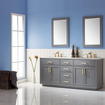 Altair Ivy 72" Double Gray Freestanding Bathroom Vanity Set With Mirror, Natural Carrara White Marble Top, Two Rectangular Undermount Ceramic Sinks, and Overflow