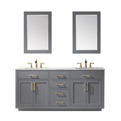 Altair Ivy 72" Double Gray Freestanding Bathroom Vanity Set With Mirror, Natural Carrara White Marble Top, Two Rectangular Undermount Ceramic Sinks, and Overflow