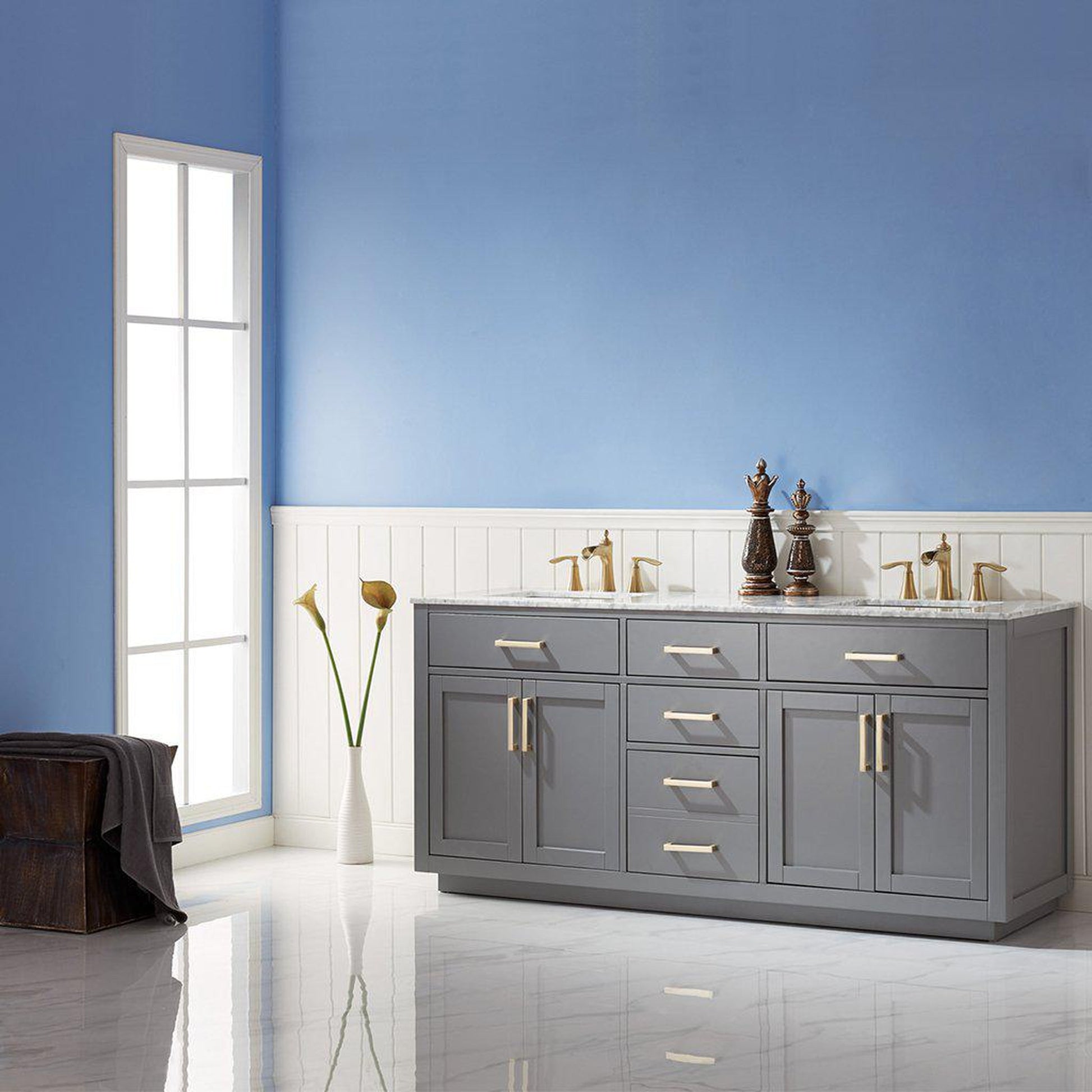 Altair Ivy 72" Double Gray Freestanding Bathroom Vanity Set With Natural Carrara White Marble Top, Two Rectangular Undermount Ceramic Sinks, and Overflow