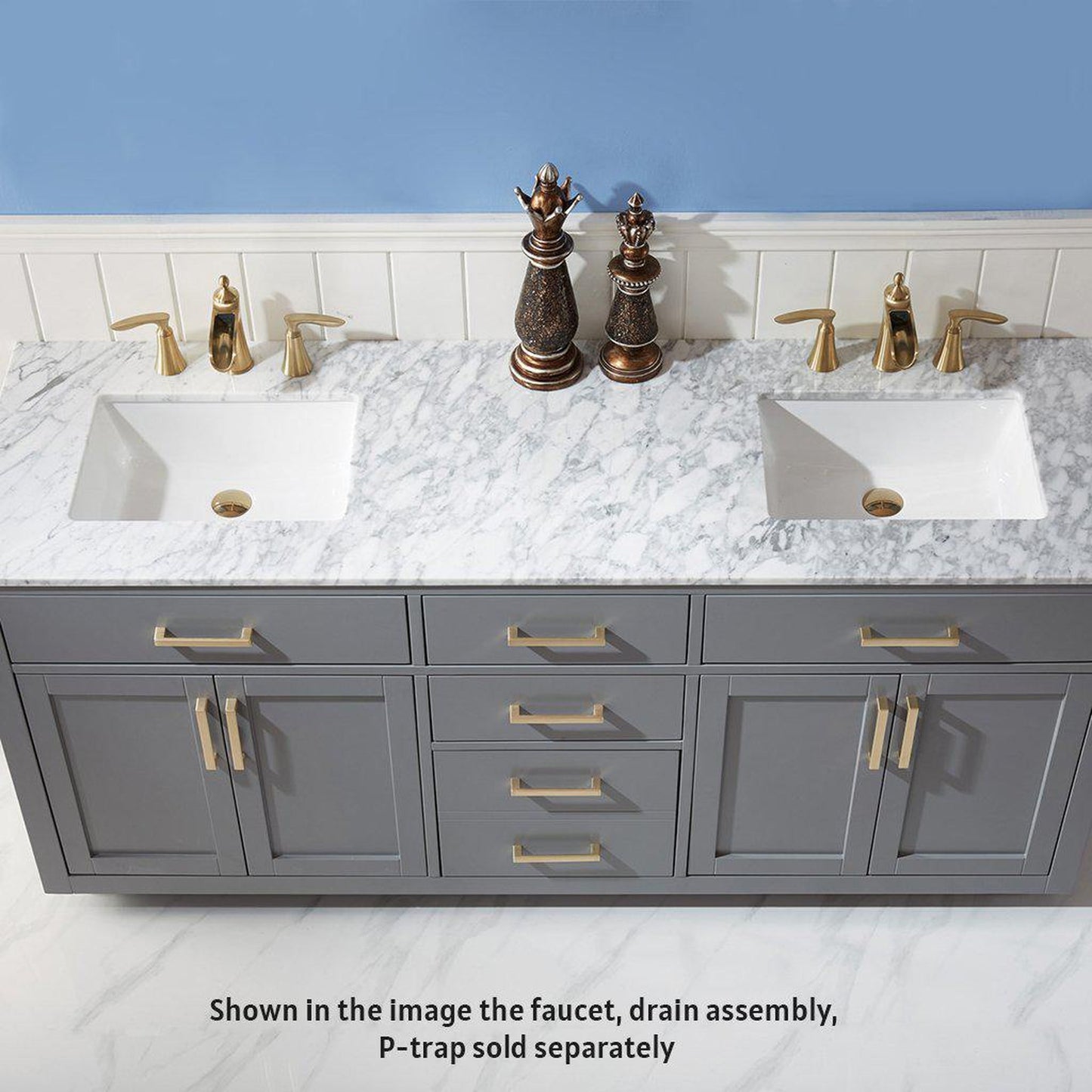 Altair Ivy 72" Double Gray Freestanding Bathroom Vanity Set With Natural Carrara White Marble Top, Two Rectangular Undermount Ceramic Sinks, and Overflow