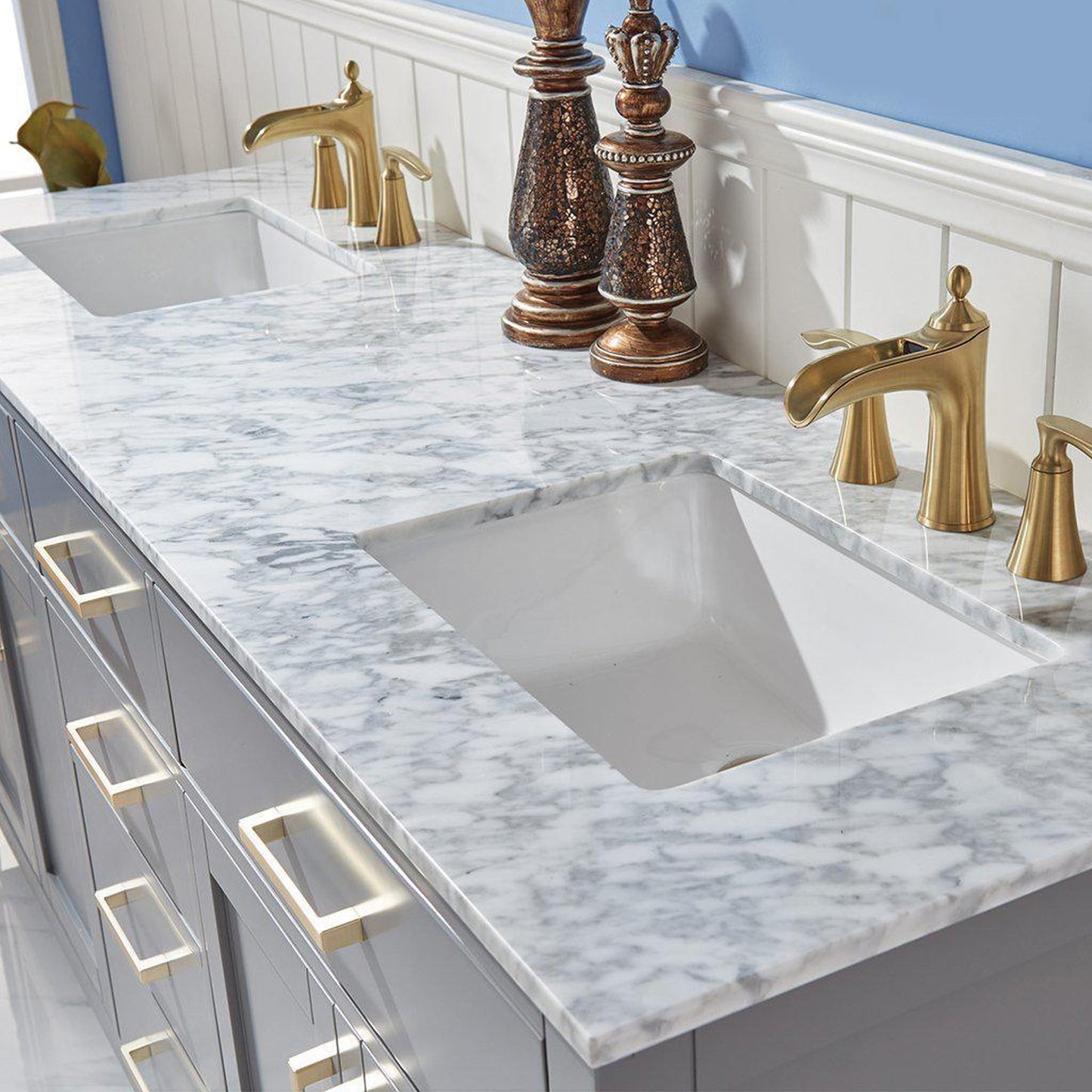 Altair Ivy 72" Double Gray Freestanding Bathroom Vanity Set With Natural Carrara White Marble Top, Two Rectangular Undermount Ceramic Sinks, and Overflow