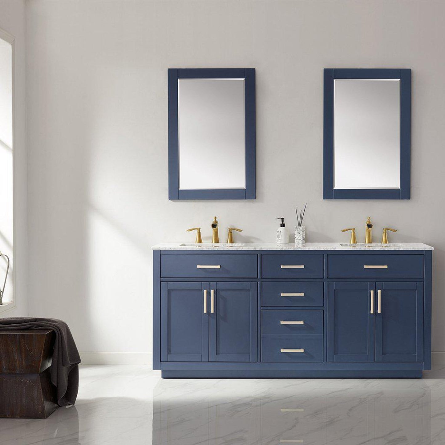 Altair Ivy 72" Double Royal Blue Freestanding Bathroom Vanity Set With Mirror, Natural Carrara White Marble Top, Two Rectangular Undermount Ceramic Sinks, and Overflow