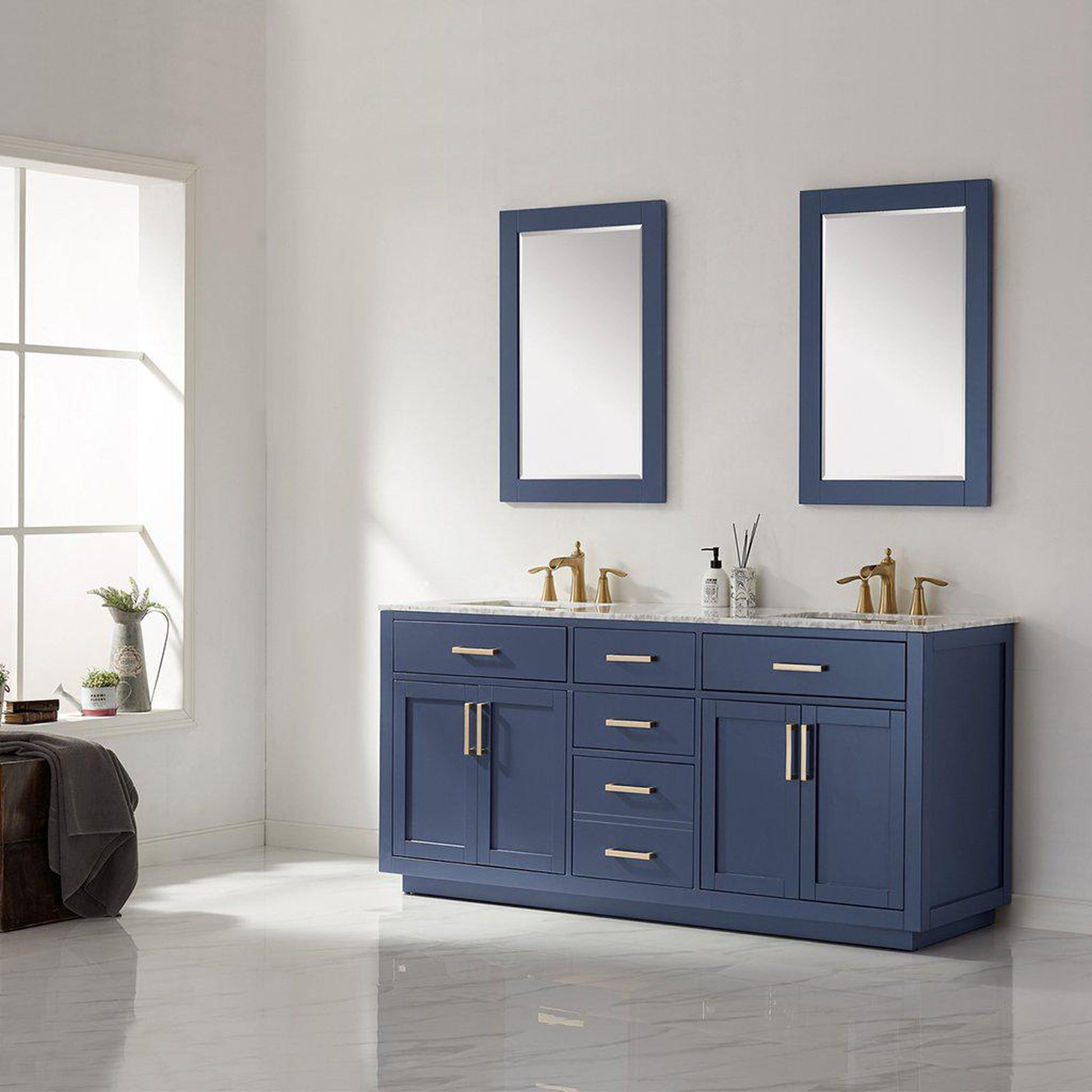 Altair Ivy 72" Double Royal Blue Freestanding Bathroom Vanity Set With Mirror, Natural Carrara White Marble Top, Two Rectangular Undermount Ceramic Sinks, and Overflow