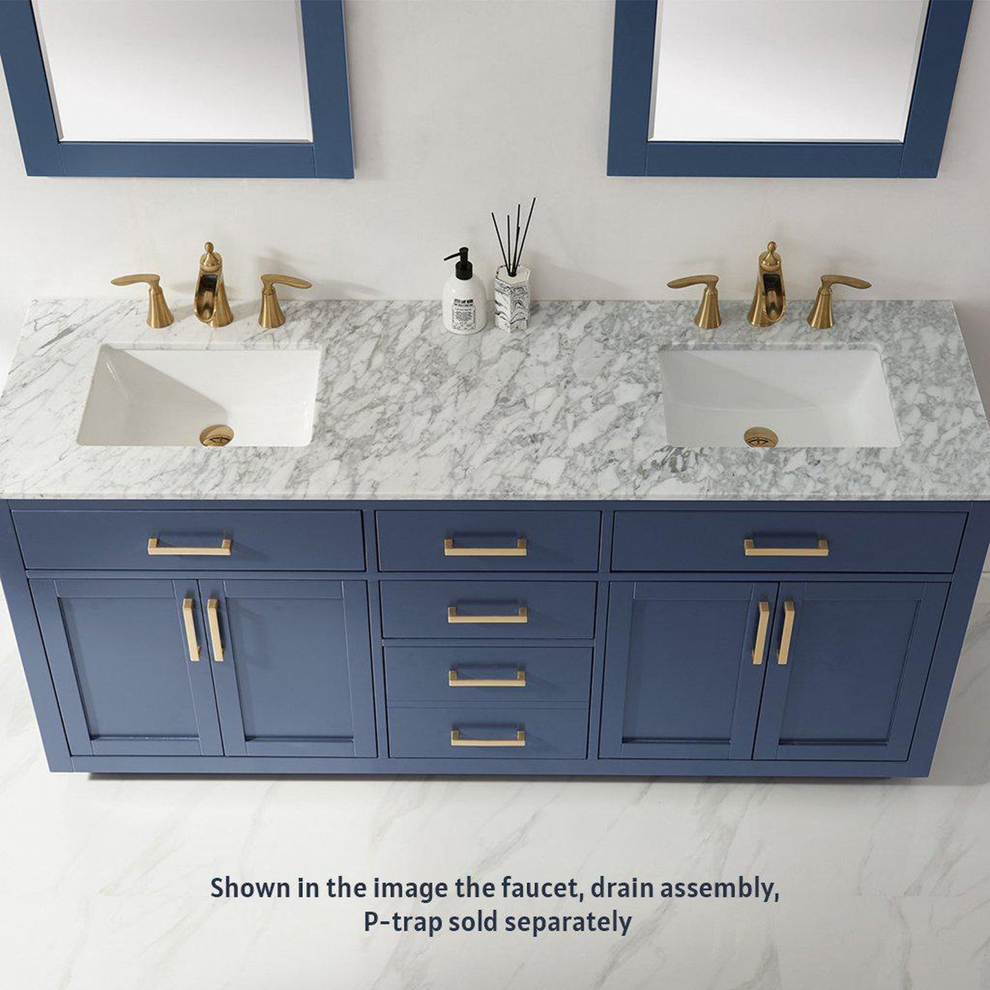 Altair Ivy 72" Double Royal Blue Freestanding Bathroom Vanity Set With Mirror, Natural Carrara White Marble Top, Two Rectangular Undermount Ceramic Sinks, and Overflow
