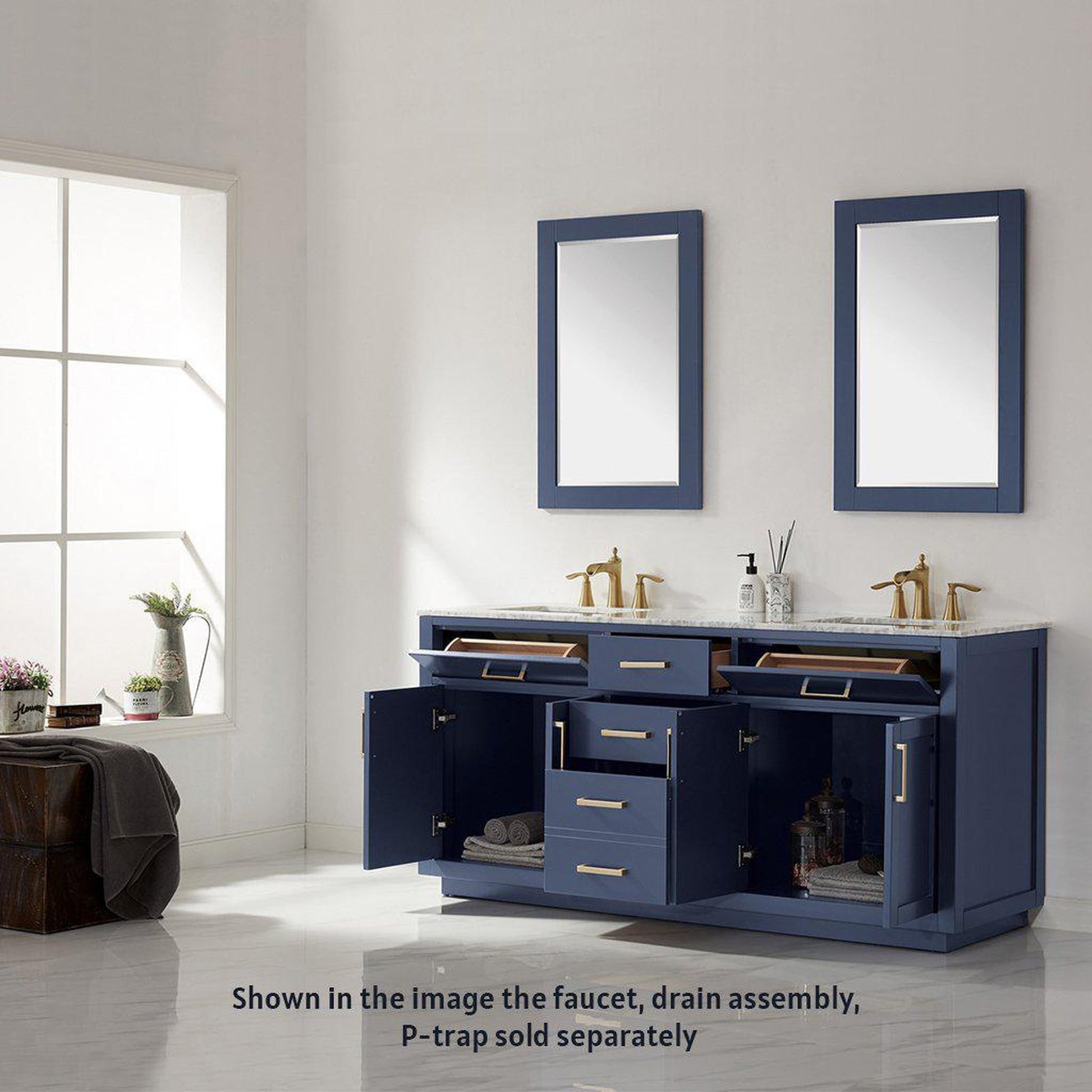 Altair Ivy 72" Double Royal Blue Freestanding Bathroom Vanity Set With Mirror, Natural Carrara White Marble Top, Two Rectangular Undermount Ceramic Sinks, and Overflow