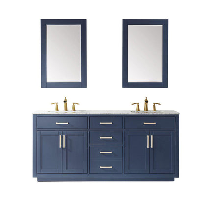 Altair Ivy 72" Double Royal Blue Freestanding Bathroom Vanity Set With Mirror, Natural Carrara White Marble Top, Two Rectangular Undermount Ceramic Sinks, and Overflow