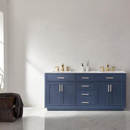 Altair Ivy 72" Double Royal Blue Freestanding Bathroom Vanity Set With Natural Carrara White Marble Top, Two Rectangular Undermount Ceramic Sinks, and Overflow