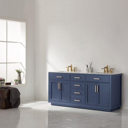 Altair Ivy 72" Double Royal Blue Freestanding Bathroom Vanity Set With Natural Carrara White Marble Top, Two Rectangular Undermount Ceramic Sinks, and Overflow