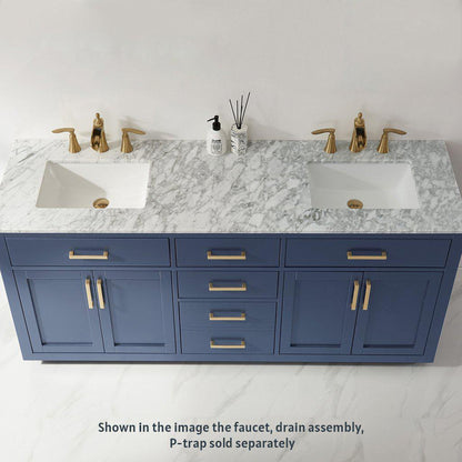 Altair Ivy 72" Double Royal Blue Freestanding Bathroom Vanity Set With Natural Carrara White Marble Top, Two Rectangular Undermount Ceramic Sinks, and Overflow