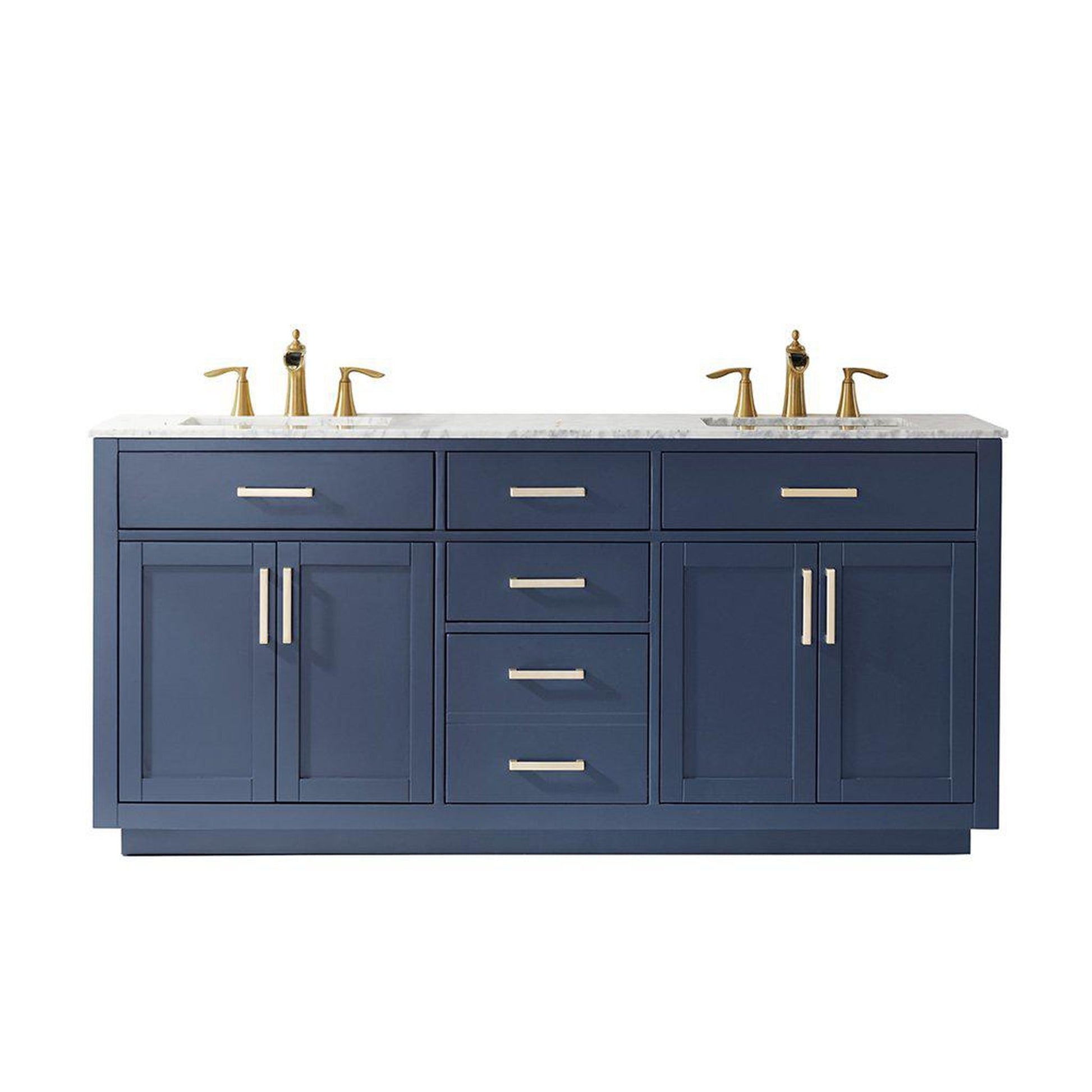 Altair Ivy 72" Double Royal Blue Freestanding Bathroom Vanity Set With Natural Carrara White Marble Top, Two Rectangular Undermount Ceramic Sinks, and Overflow