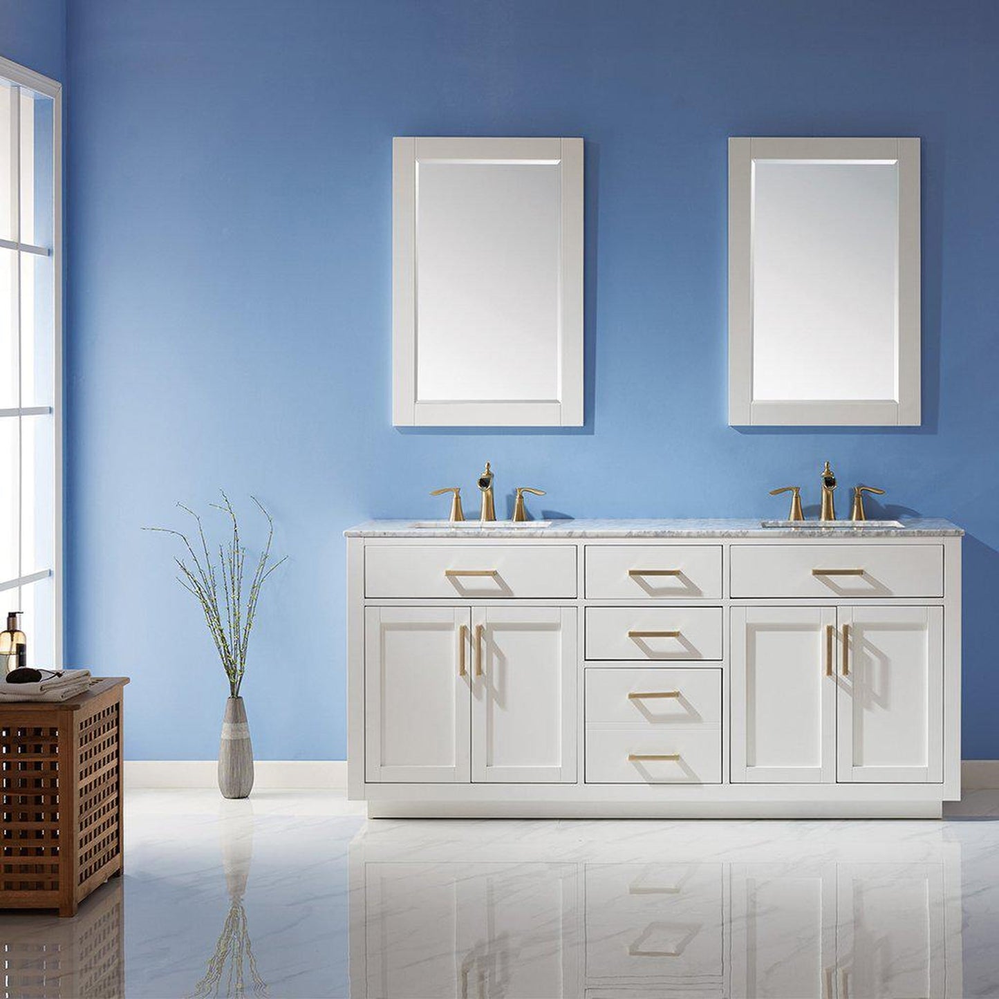 Altair Ivy 72" Double White Freestanding Bathroom Vanity Set With Mirror, Natural Carrara White Marble Top, Two Rectangular Undermount Ceramic Sinks, and Overflow