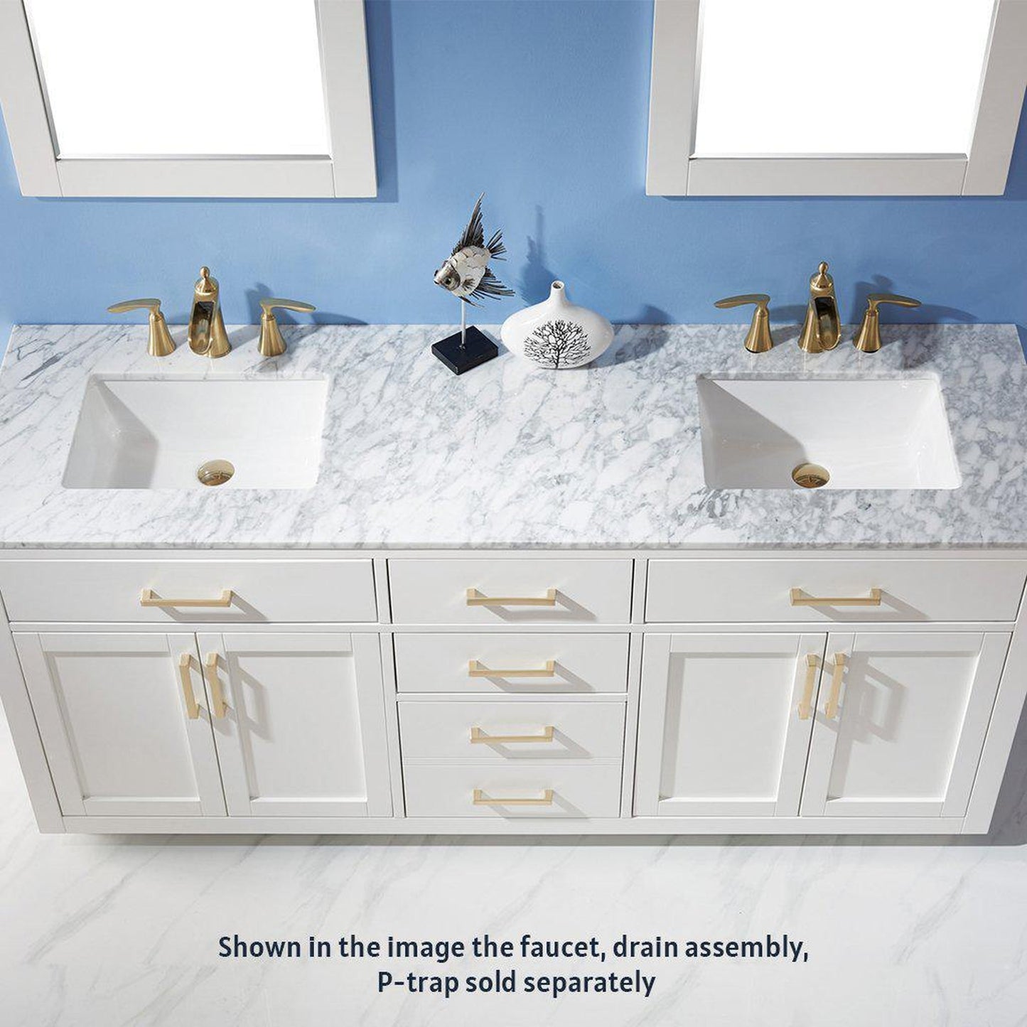 Altair Ivy 72" Double White Freestanding Bathroom Vanity Set With Mirror, Natural Carrara White Marble Top, Two Rectangular Undermount Ceramic Sinks, and Overflow