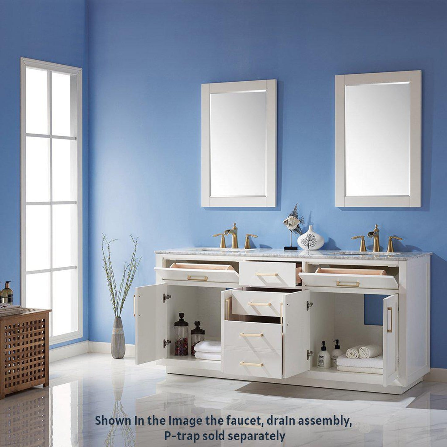 Altair Ivy 72" Double White Freestanding Bathroom Vanity Set With Mirror, Natural Carrara White Marble Top, Two Rectangular Undermount Ceramic Sinks, and Overflow