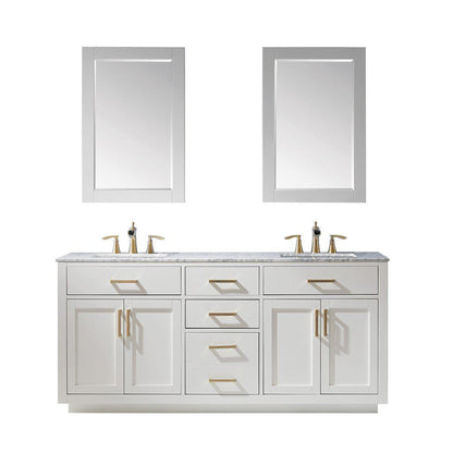 Altair Ivy 72" Double White Freestanding Bathroom Vanity Set With Mirror, Natural Carrara White Marble Top, Two Rectangular Undermount Ceramic Sinks, and Overflow