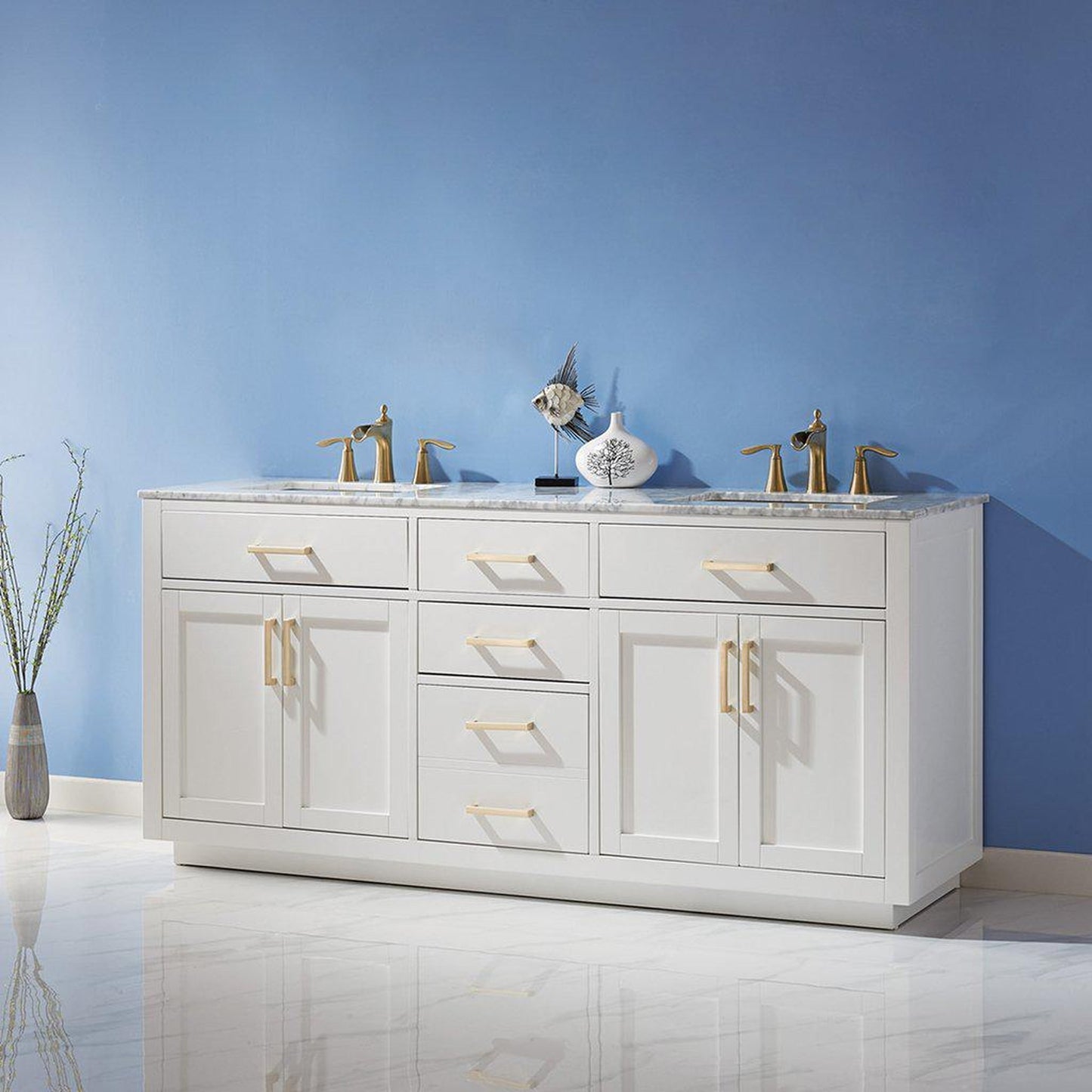Altair Ivy 72" Double White Freestanding Bathroom Vanity Set With Natural Carrara White Marble Top, Two Rectangular Undermount Ceramic Sinks, and Overflow