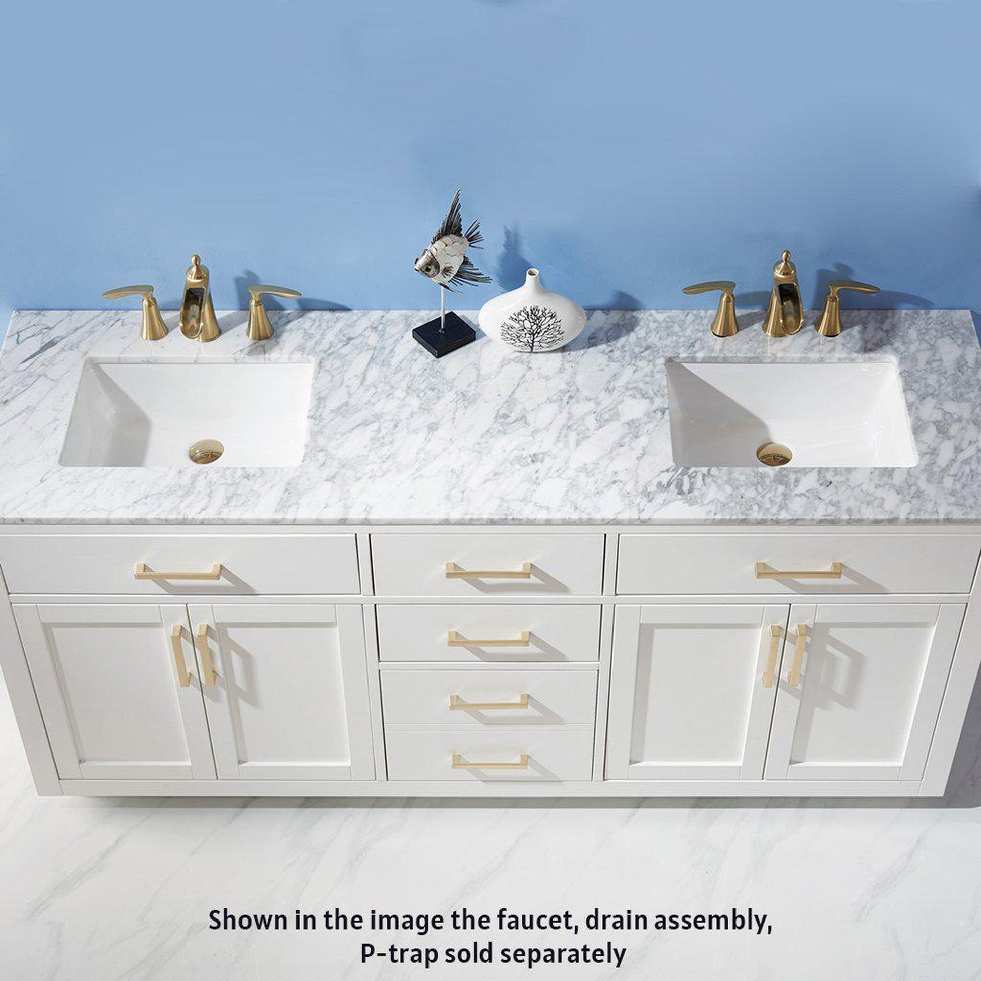 Altair Ivy 72" Double White Freestanding Bathroom Vanity Set With Natural Carrara White Marble Top, Two Rectangular Undermount Ceramic Sinks, and Overflow