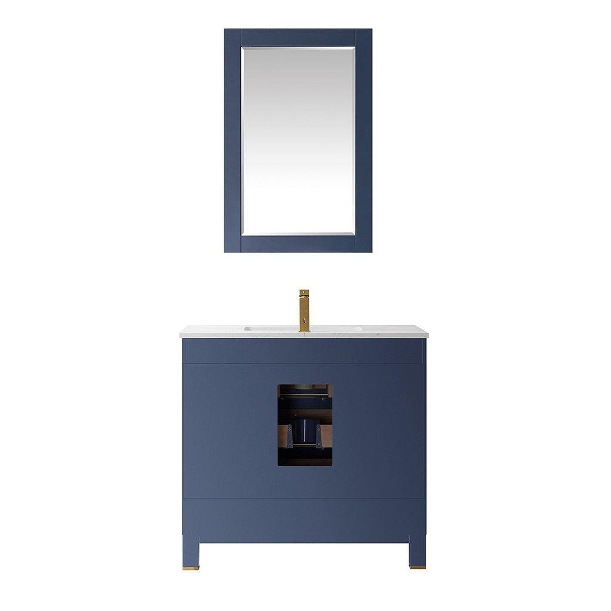 Altair Jackson 36" Single Royal Blue Freestanding Bathroom Vanity Set With Mirror, Aosta White Composite Stone Top, Rectangular Undermount Ceramic Sink, and Overflow