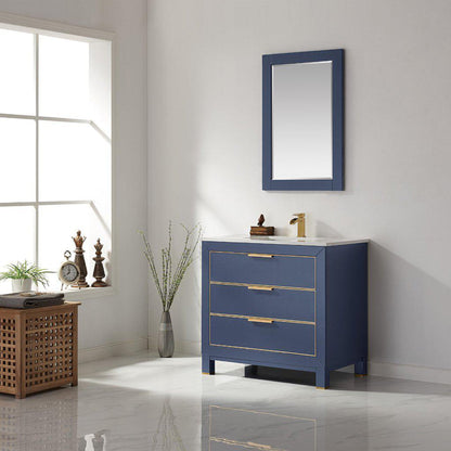 Altair Jackson 36" Single Royal Blue Freestanding Bathroom Vanity Set With Mirror, Aosta White Composite Stone Top, Rectangular Undermount Ceramic Sink, and Overflow