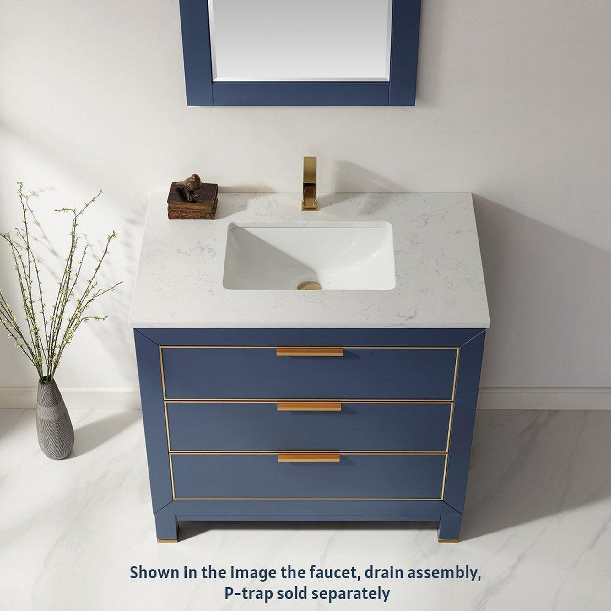 Altair Jackson 36" Single Royal Blue Freestanding Bathroom Vanity Set With Mirror, Aosta White Composite Stone Top, Rectangular Undermount Ceramic Sink, and Overflow
