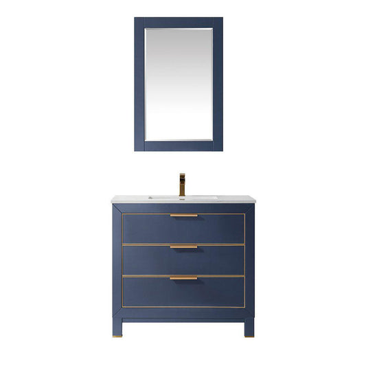 Altair Jackson 36" Single Royal Blue Freestanding Bathroom Vanity Set With Mirror, Aosta White Composite Stone Top, Rectangular Undermount Ceramic Sink, and Overflow