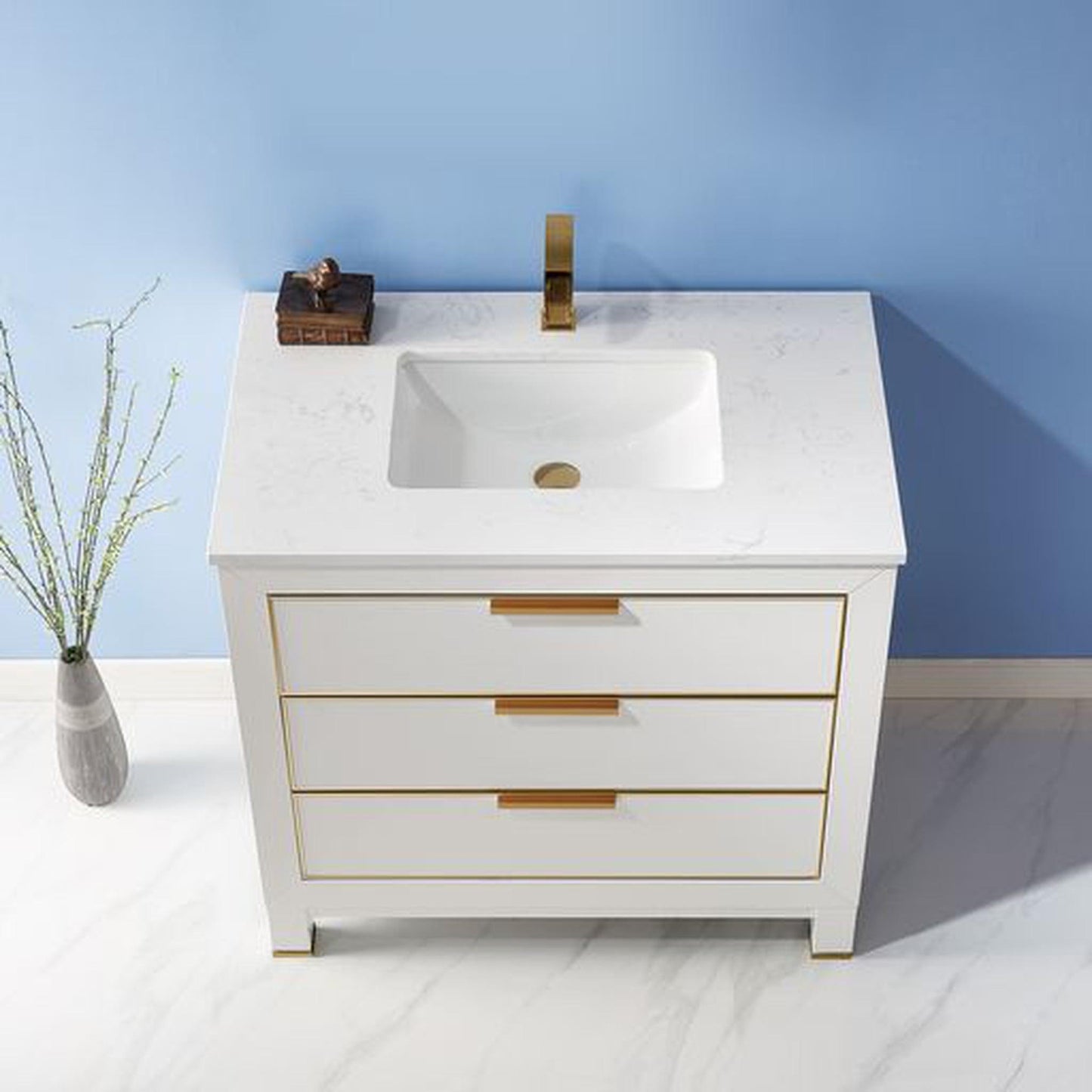 Altair Jackson 36" Single White Freestanding Bathroom Vanity Set With Aosta White Composite Stone Top, Rectangular Undermount Ceramic Sink, and Overflow