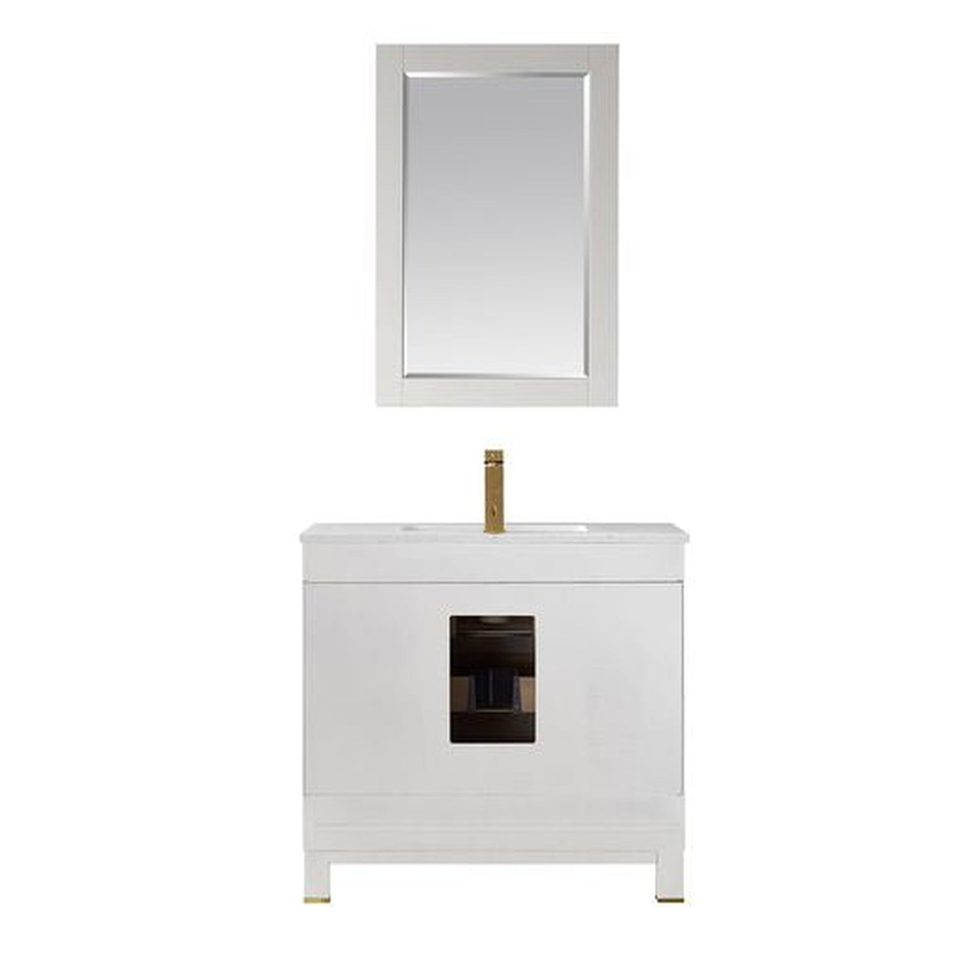 Altair Jackson 36" Single White Freestanding Bathroom Vanity Set With Mirror, Aosta White Composite Stone Top, Rectangular Undermount Ceramic Sink, and Overflow