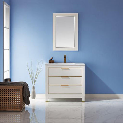 Altair Jackson 36" Single White Freestanding Bathroom Vanity Set With Mirror, Aosta White Composite Stone Top, Rectangular Undermount Ceramic Sink, and Overflow