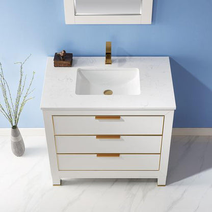 Altair Jackson 36" Single White Freestanding Bathroom Vanity Set With Mirror, Aosta White Composite Stone Top, Rectangular Undermount Ceramic Sink, and Overflow