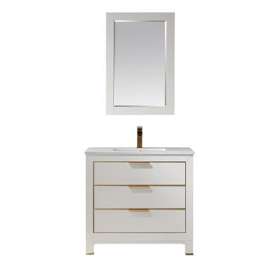 Altair Jackson 36" Single White Freestanding Bathroom Vanity Set With Mirror, Aosta White Composite Stone Top, Rectangular Undermount Ceramic Sink, and Overflow