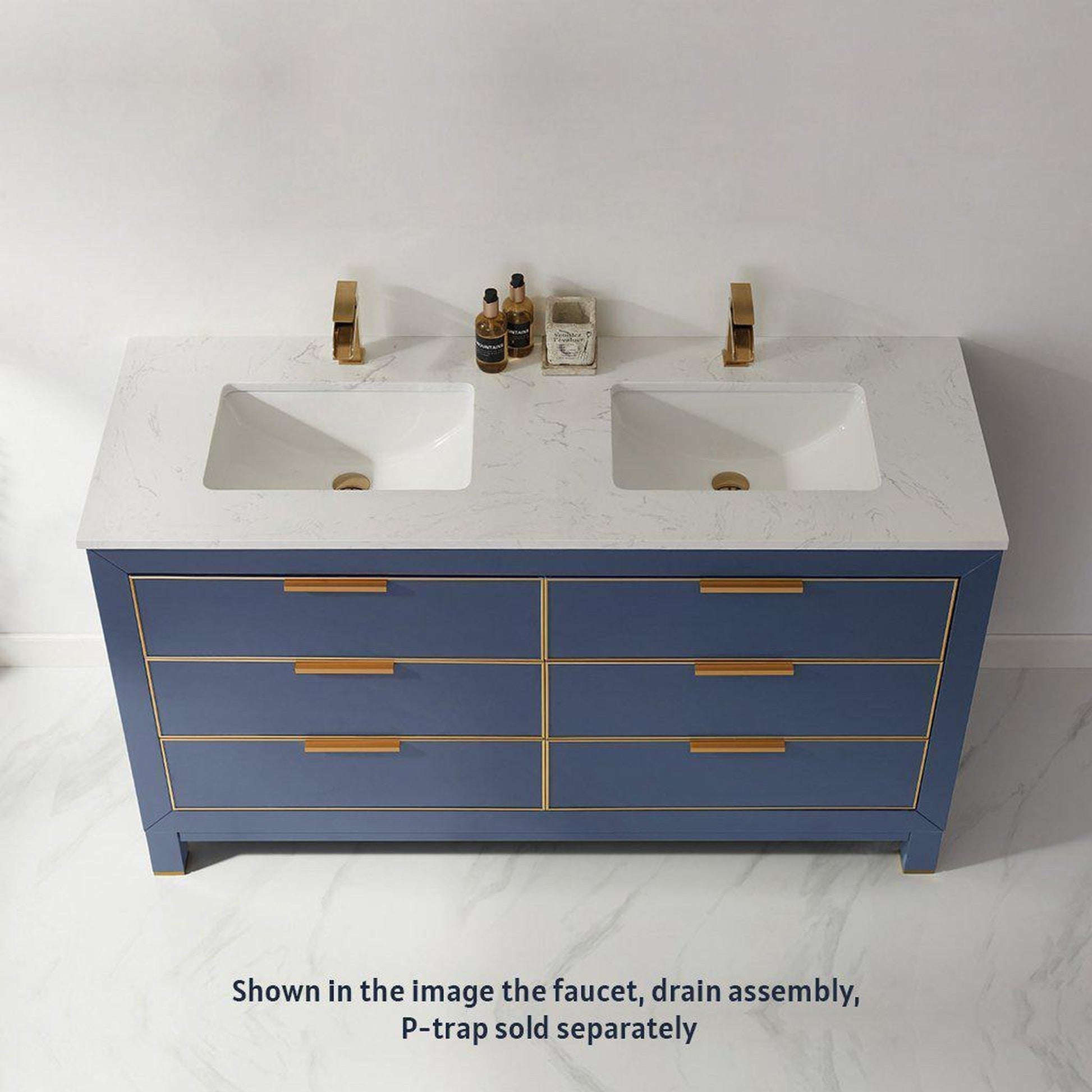 Altair Jackson 60" Double Royal Blue Freestanding Bathroom Vanity Set With Aosta White Composite Stone Top, Two Rectangular Undermount Ceramic Sinks, and Overflow